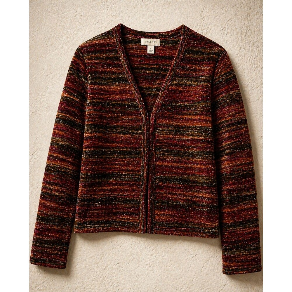 Talbots Marled Cardigan Womens L Wool Blend Open Front Striped Fall Sweater
